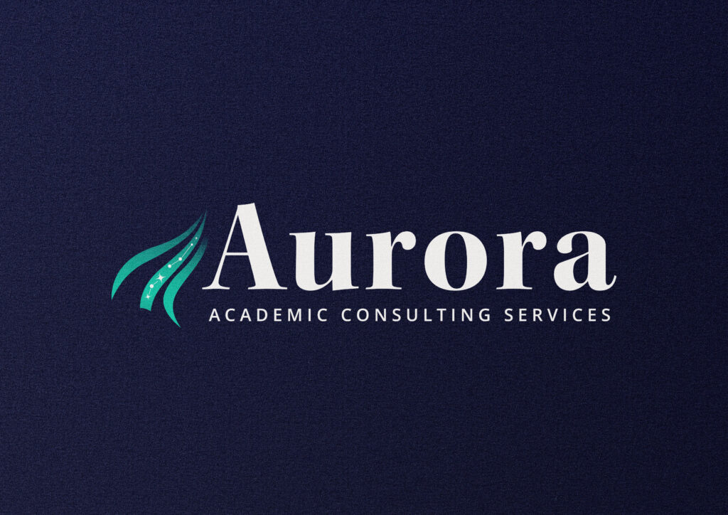 Aurora Academic Consulting logo displayed on a textured navy background with teal accent mark and refined typography.