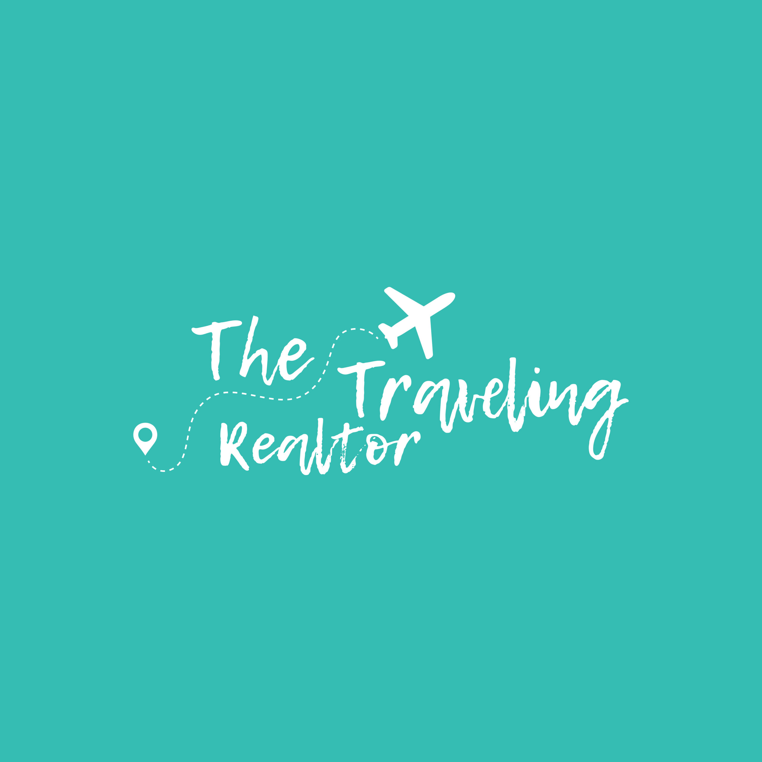 The Traveling Realtor logo in white and teal with flight path design on teal background
