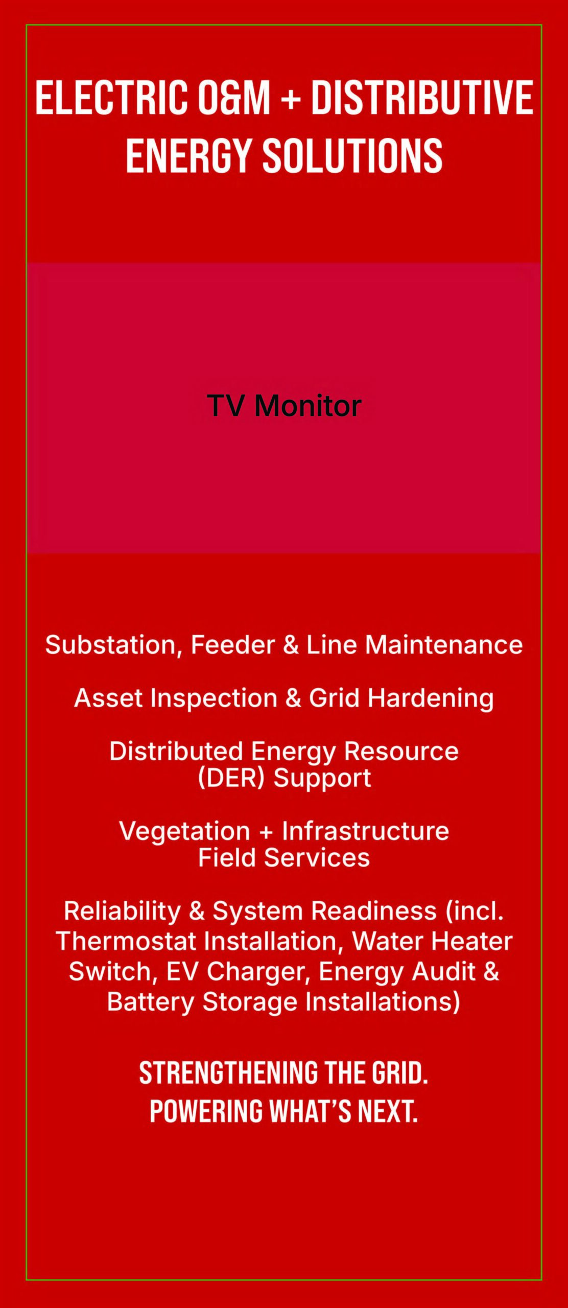 Sparus kiosk layout design with monitor placement for electric operations and maintenance and distributed energy solutions messaging