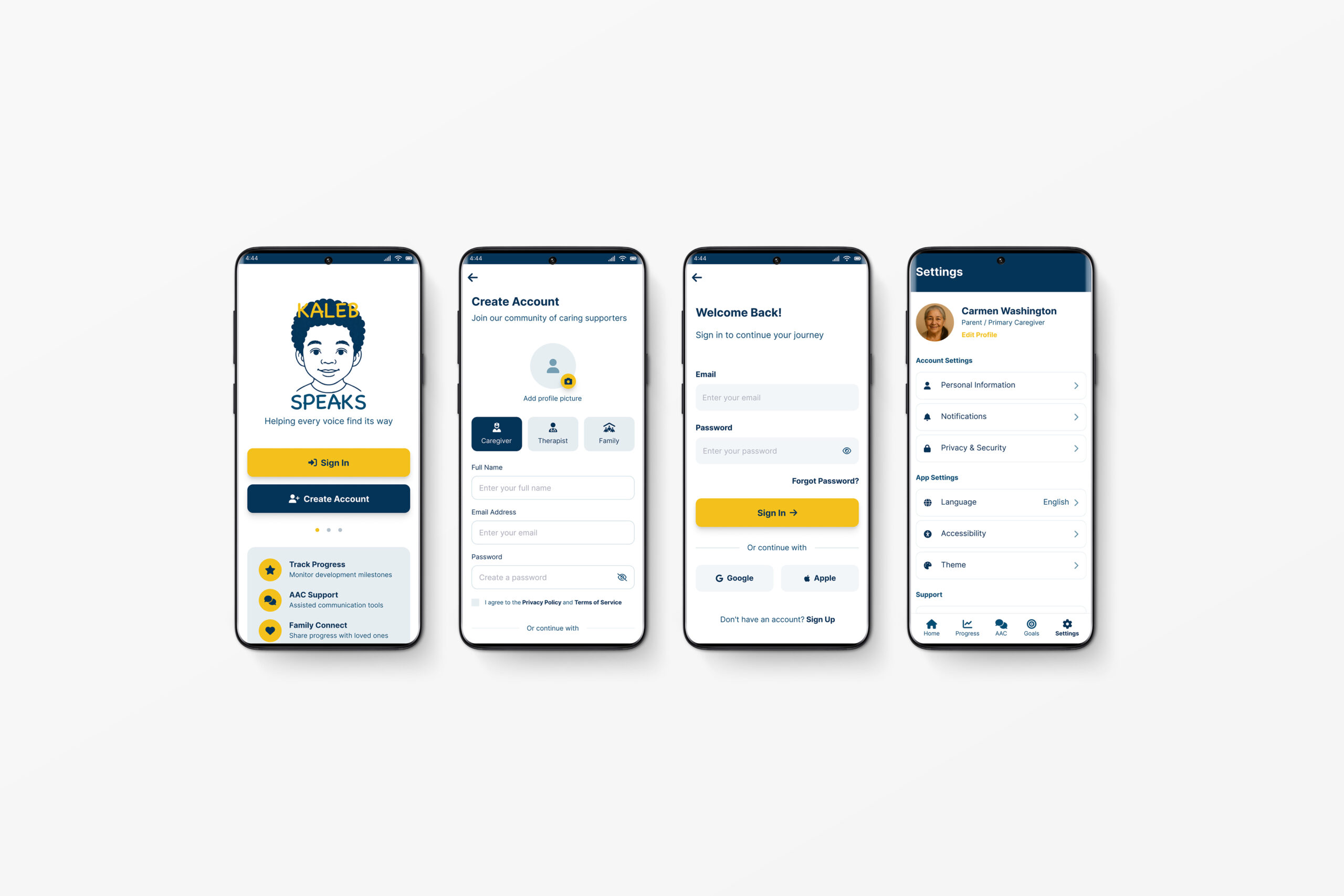 Kaleb Speaks mobile app interface mockup displaying onboarding, account creation, sign in, and caregiver settings screens designed for autism support and caregiver communication.