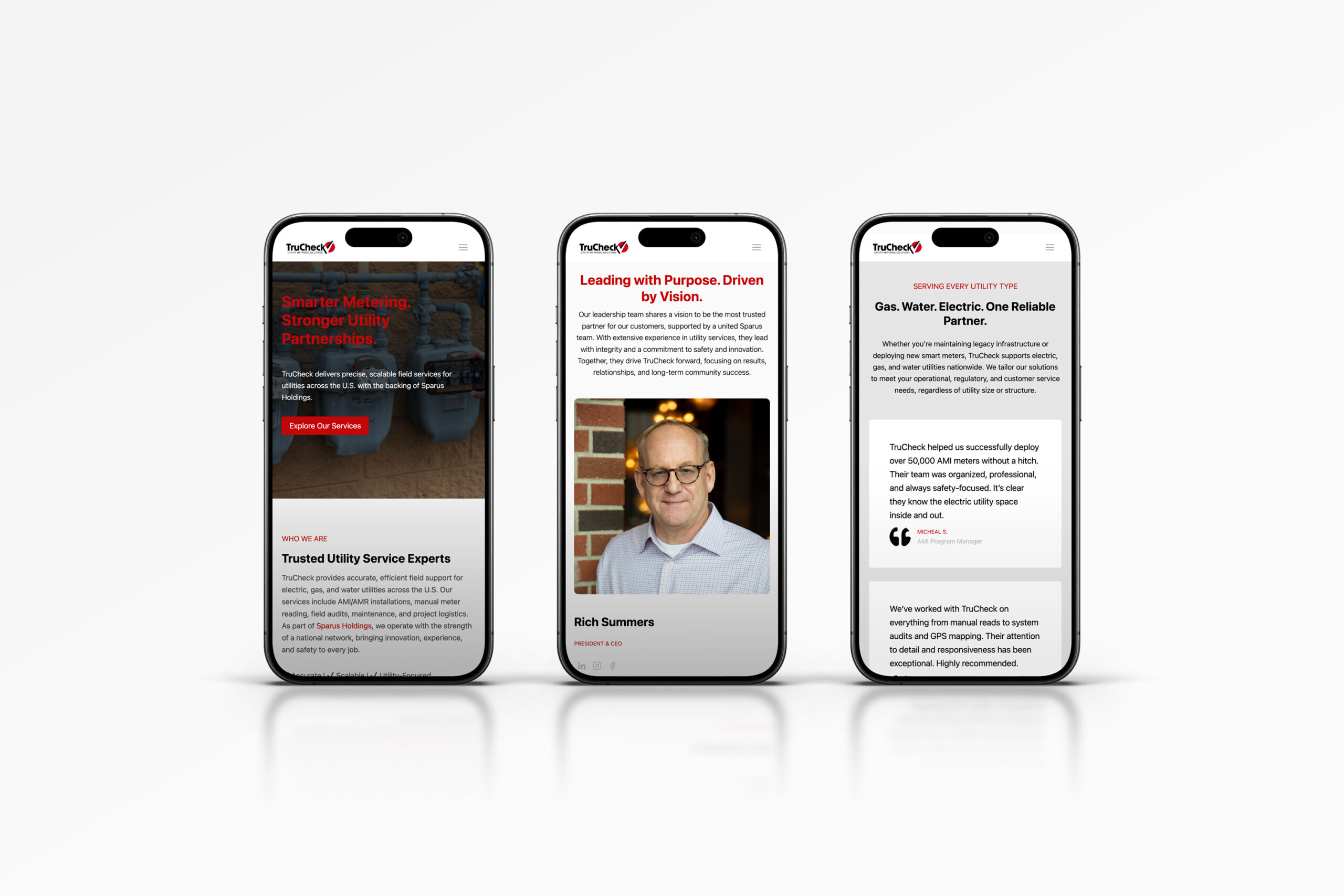 Mobile mockups of the TruCheck utility services website highlighting responsive design and user experience.