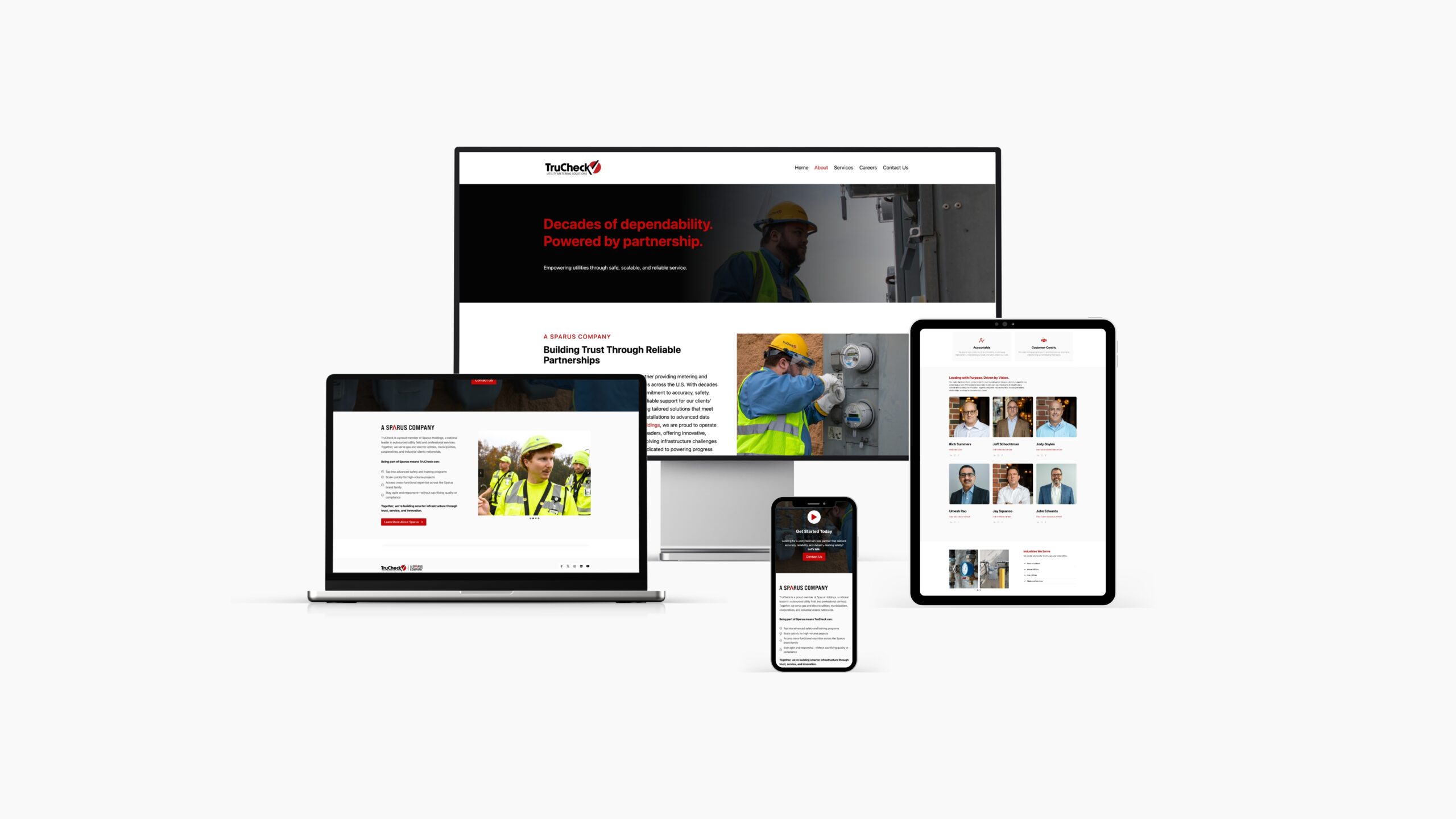 Responsive TruCheck utility services website displayed across desktop, tablet, laptop, and mobile devices.