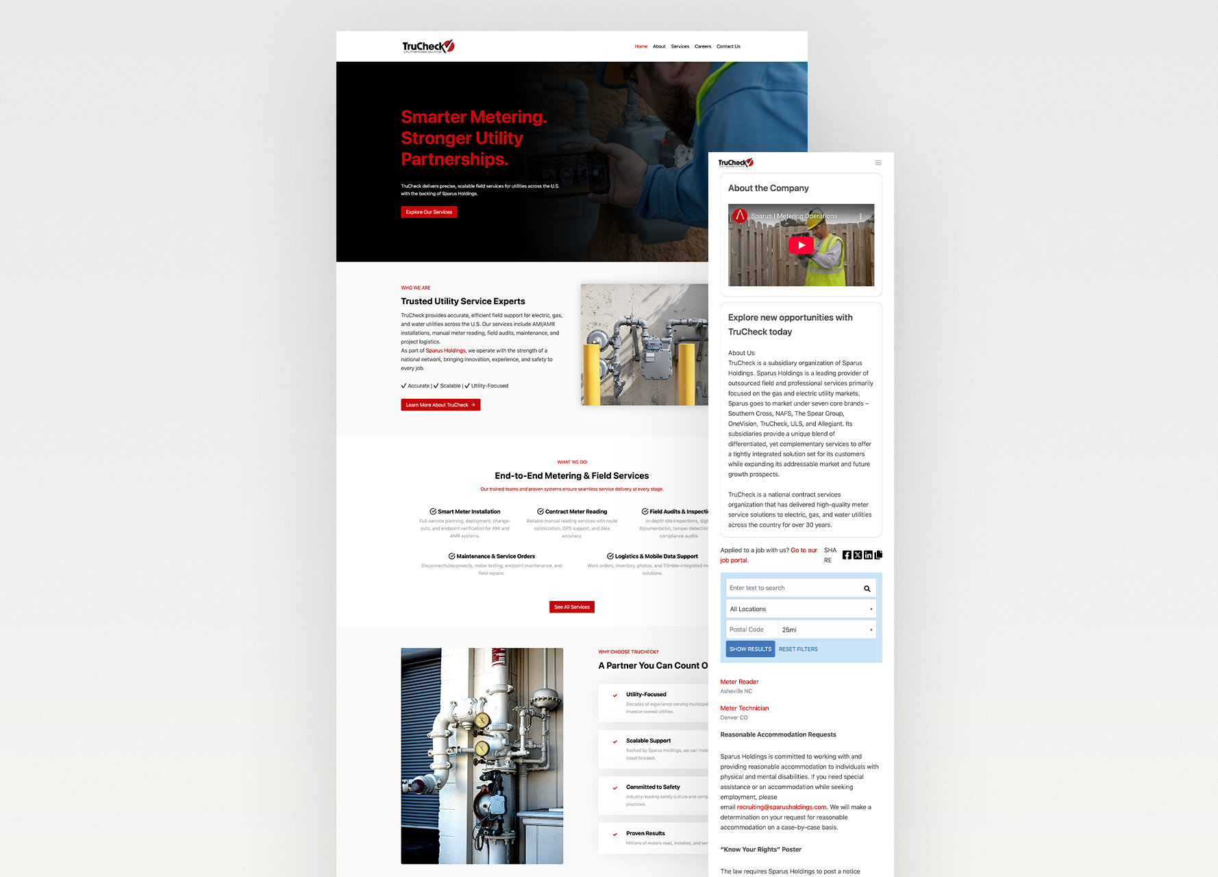 TruCheck utility services website homepage and careers page shown in desktop and mobile website mockups.