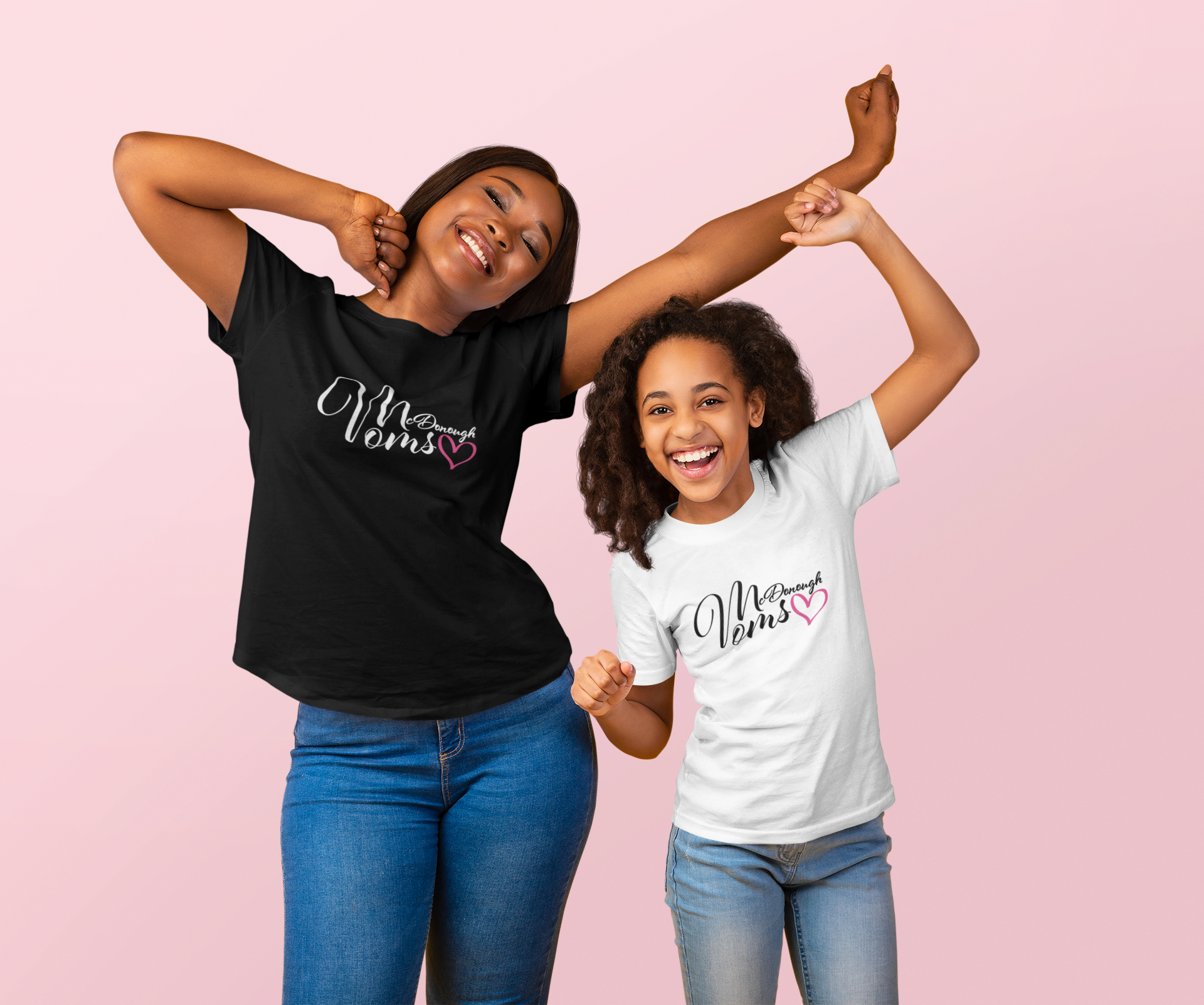 Mother and daughter wearing branded McDonough Moms apparel in a lifestyle promotional mockup
