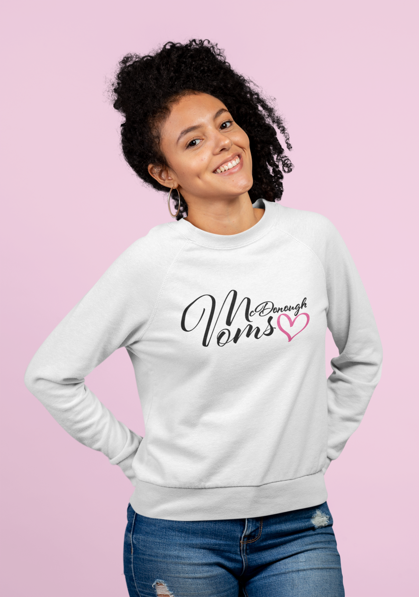 McDonough Moms branded crewneck sweatshirt mockup showcasing community apparel design.